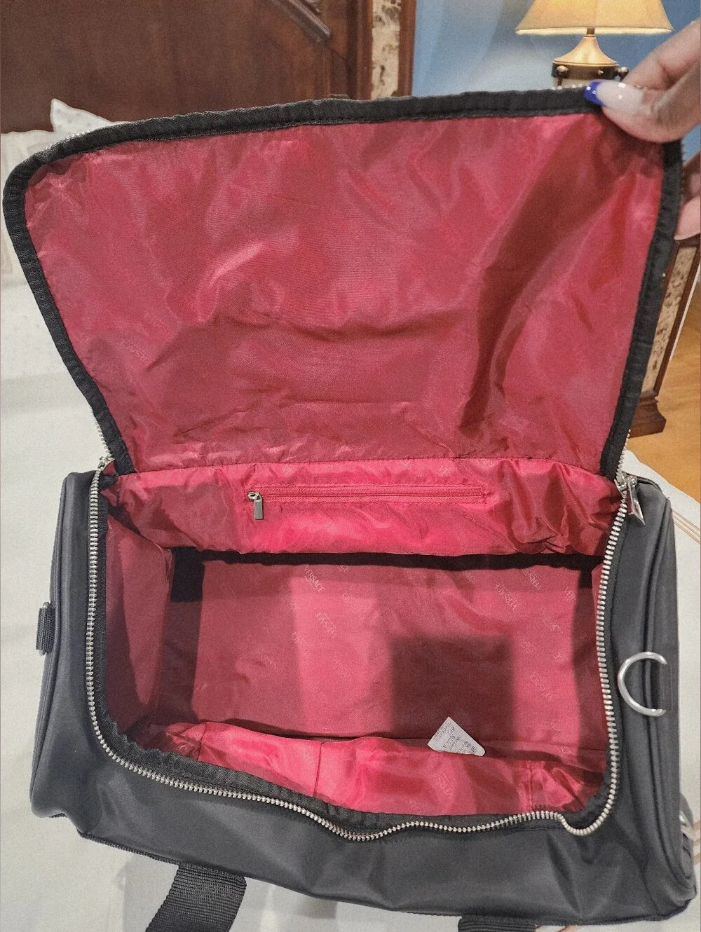 Versace Black Duffel Bag with Silver Greek Key Accents